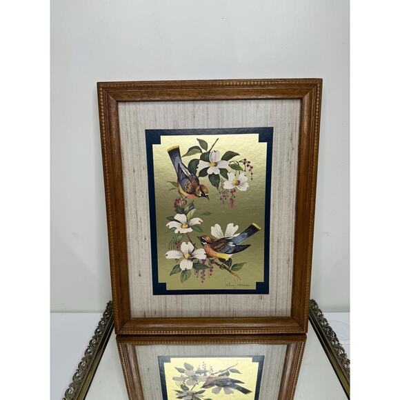 Vintage "Birds on Dogwood" Framed & Signed Print William J. Whiteside Gold Foil - Picture 3 of 10